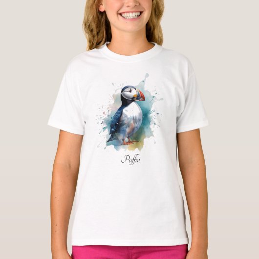 Schattigee puffin in blauwe waterverf t-shirt (Voorkant)