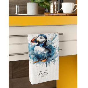 Schattigee puffin in blauwe waterverf theedoek