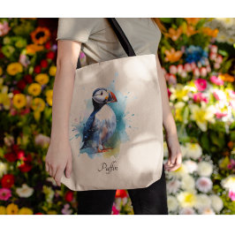 Schattigee puffin in blauwe waterverf tote bag