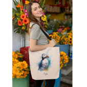Schattigee puffin in blauwe waterverf tote bag