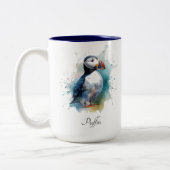 Schattigee puffin in blauwe waterverf tweekleurige koffiemok (Links)