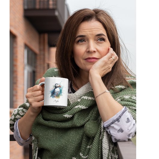 Schattigee puffin in blauwe waterverf tweekleurige koffiemok