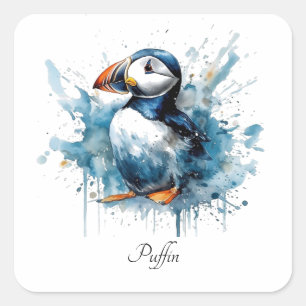 Schattigee puffin in blauwe waterverf vierkante sticker