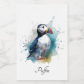Schattigee puffin in blauwe waterverf voedselcontainer etiket (Enkel label)