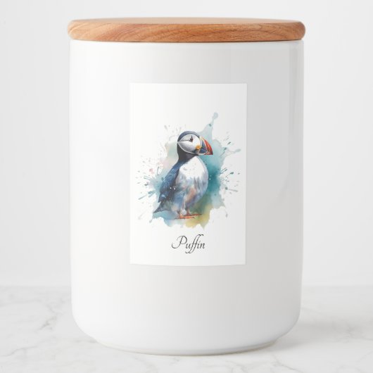 Schattigee puffin in blauwe waterverf voedselcontainer etiket (Voorkant)