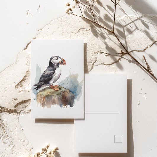 Schattigee Puffin op een rots in waterverf Briefkaart