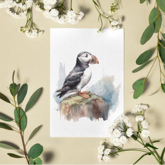 Schattigee Puffin op een rots in waterverf Briefkaart
