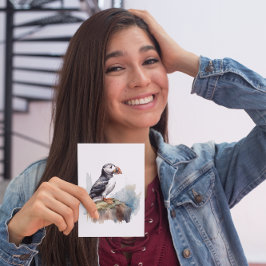 Schattigee Puffin op een rots in waterverf Briefkaart