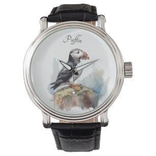 Schattigee Puffin op een rots in waterverf Horloge