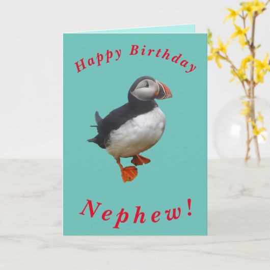 Schattigee Puffin Verjaardag Kaart voor Nephew (Gele Bloem)