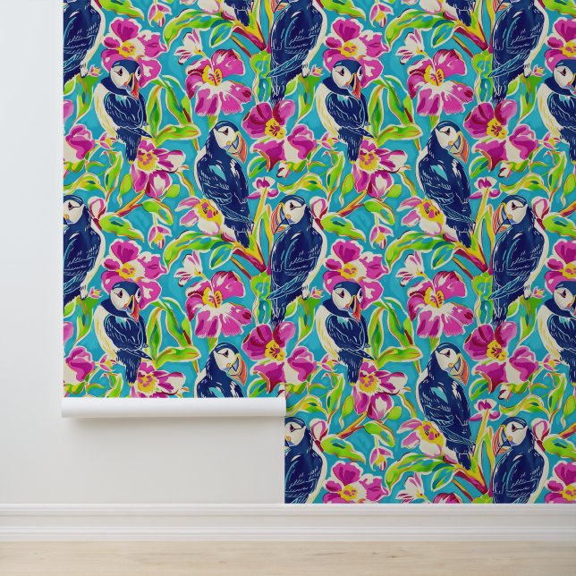 Schattigee puffins met roze bloemetjes behang (Applicatie)