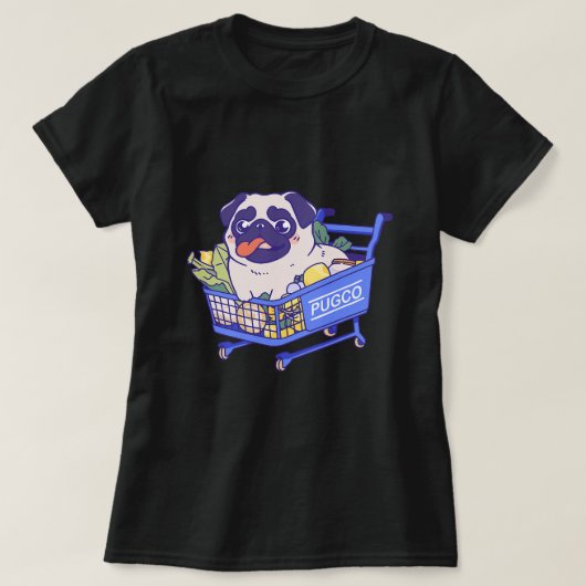 Schattigee Pug Dog in boodschappenwagentje T-shirt (Design voorkant)