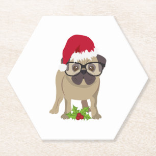 Schattigee Pug Dog in Kerstmis Santa Hat. Kartonnen Onderzetters