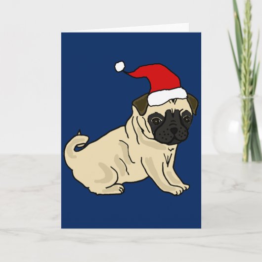 Schattigee Pug Dog in Santa Hat Kerst Cartoon Feestdagen Kaart (Voorkant)