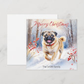 Schattigee Pug Dog In Snow Waterverf Vrolijk Kerst Feestdagenkaart (Voorkant / Achterkant)