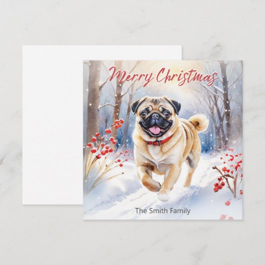 Schattigee Pug Dog In Snow Waterverf Vrolijk Kerst Feestdagenkaart (Voorkant / Achterkant)
