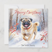 Schattigee Pug Dog In Snow Waterverf Vrolijk Kerst Feestdagenkaart (Voorkant)