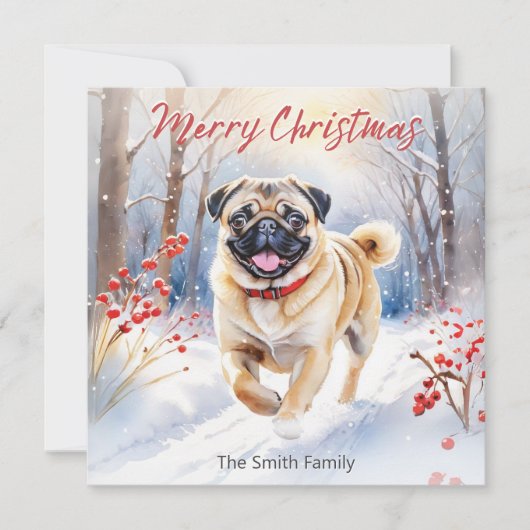 Schattigee Pug Dog In Snow Waterverf Vrolijk Kerst Feestdagenkaart (Voorkant)
