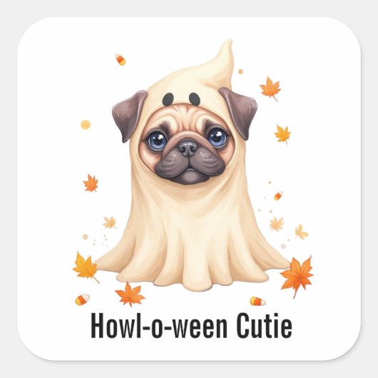 Schattigee Pug Ghost Halloween Waterverf Illustrat Vierkante Sticker (Voorkant)