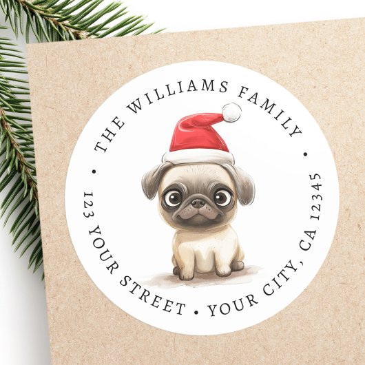 Schattigee pug in Santa hat illustratie retouradre Ronde Sticker
