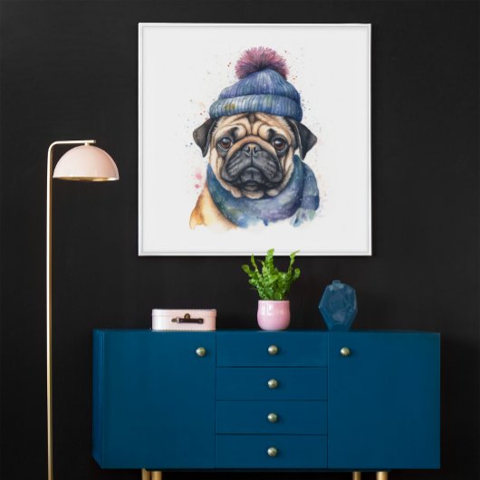 Schattigee pug met beanie en sjaal poster