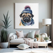 Schattigee pug met beanie en sjaal poster