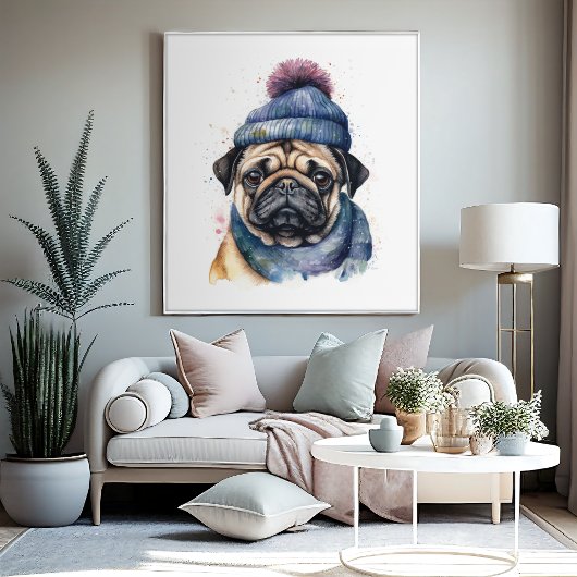 Schattigee pug met beanie en sjaal poster