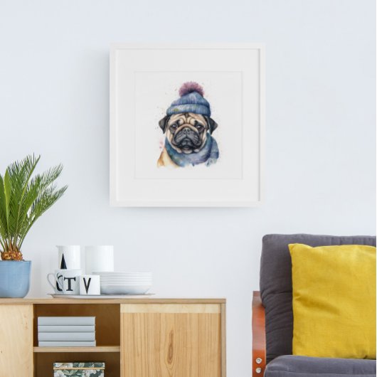 Schattigee pug met beanie en sjaal poster