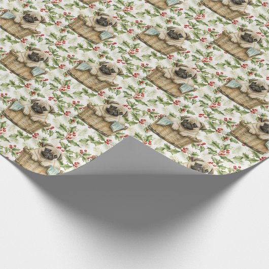 Schattigee Pug Puppy In Mand Kerst Holly Cadeaupapier (Hoek)