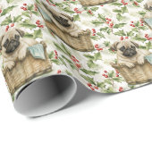Schattigee Pug Puppy In Mand Kerst Holly Cadeaupapier (Rol Hoek)