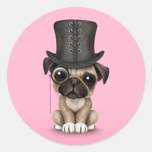 Schattigee Pug Puppy met Monocle en Top Hat Pink Ronde Sticker (Voorkant)