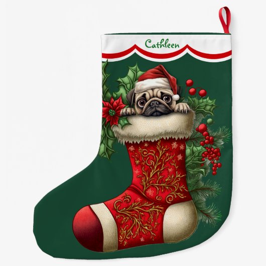 Schattigee Pug Puppy Peeking Grote Kerstsok (Achterkant)