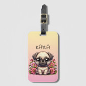 Schattigee Pug Roze en Geel Gepersonaliseerd Bagagelabel (Voorkant (verticaal))