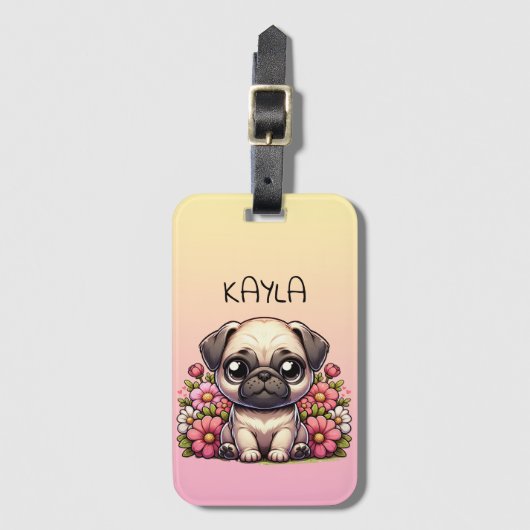 Schattigee Pug Roze en Geel Gepersonaliseerd Bagagelabel (Voorkant (verticaal))