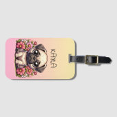 Schattigee Pug Roze en Geel Gepersonaliseerd Bagagelabel (Voorkant (horizontaal))