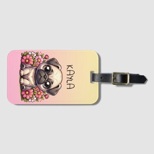 Schattigee Pug Roze en Geel Gepersonaliseerd Bagagelabel (Voorkant (horizontaal))