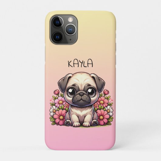 Schattigee Pug Roze en Geel Gepersonaliseerd Case-Mate iPhone Case (Achterkant)
