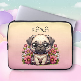 Schattigee Pug Roze en Geel Gepersonaliseerd Laptop Sleeve