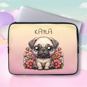 Schattigee Pug Roze en Geel Gepersonaliseerd Laptop Sleeve
