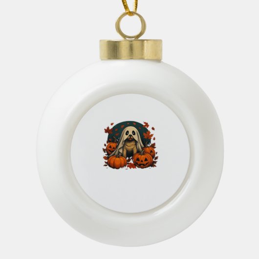 Schattigee Pugdog met pompoenen Herfst Halloween C Keramische Bal Ornament (Voorkant)