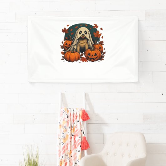 Schattigee Pugdog met pompoenen Herfst Halloween C Spandoek (Insitu)
