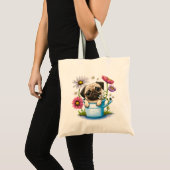 Schattigee Puggy Puppy met bloemen Tote Bag (Voorkant (product))