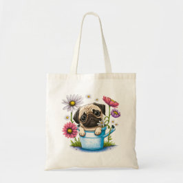 Schattigee Puggy Puppy met bloemen Tote Bag