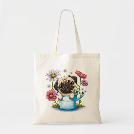 Schattigee Puggy Puppy met bloemen Tote Bag (Voorkant)