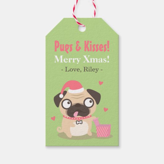 Schattigee Pugs en Kisses Merry Xmas Gift Labels Cadeaulabel (Voorkant)