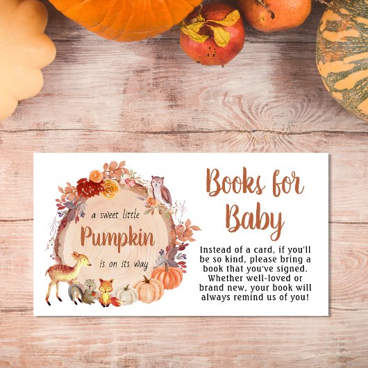 Schattigee Pumpkin Woodland boeken voor Baby showe Informatiekaartje