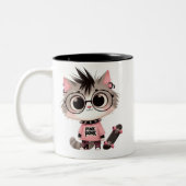 Schattigee Punk kat met skateboard | Roze Punk Kat Tweekleurige Koffiemok (Links)