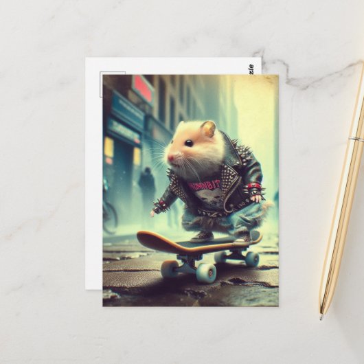 Schattigee Punk Rock Gothic Skateboarding Hamster Briefkaart (Voorkant / Achterkant in situ)