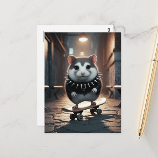 Schattigee Punk Spiked Collar Skateboarding Hamste Briefkaart (Voorkant / Achterkant in situ)