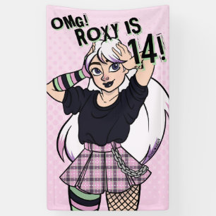 Schattigee Punk Teen Girl Roze Cartoon 14e Verjaar Spandoek
